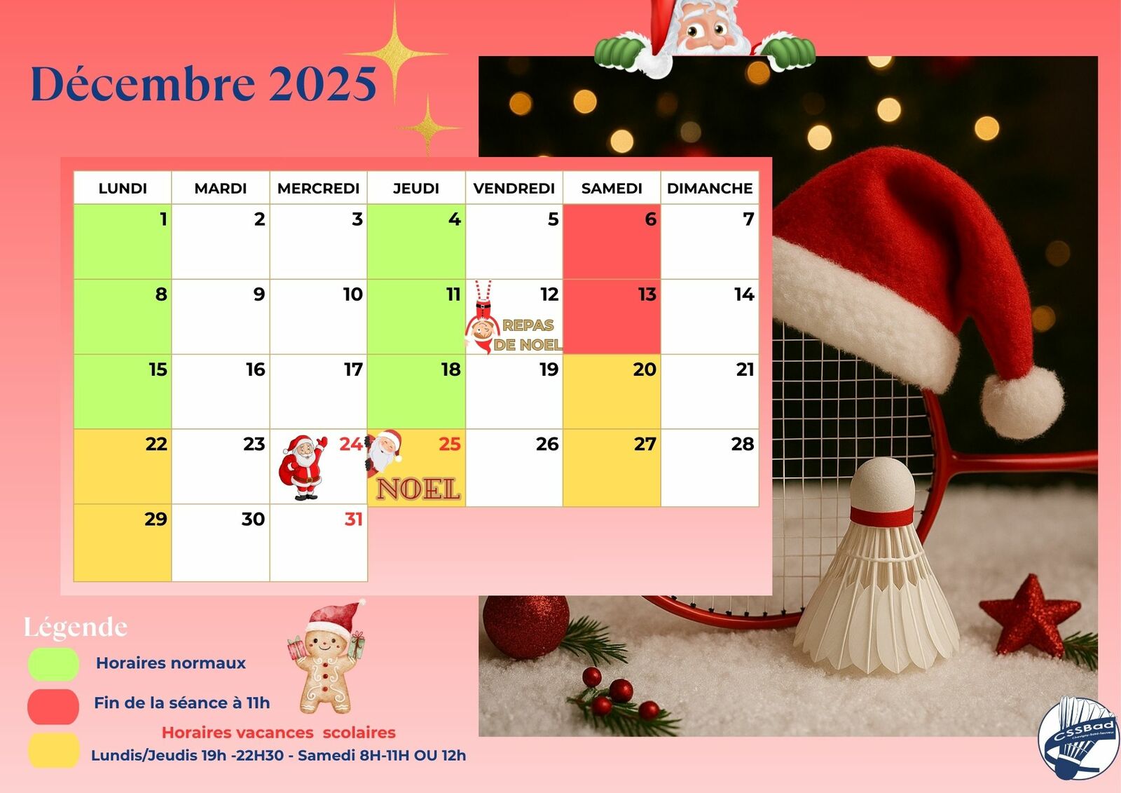 Horaires sessions Décembre 2025