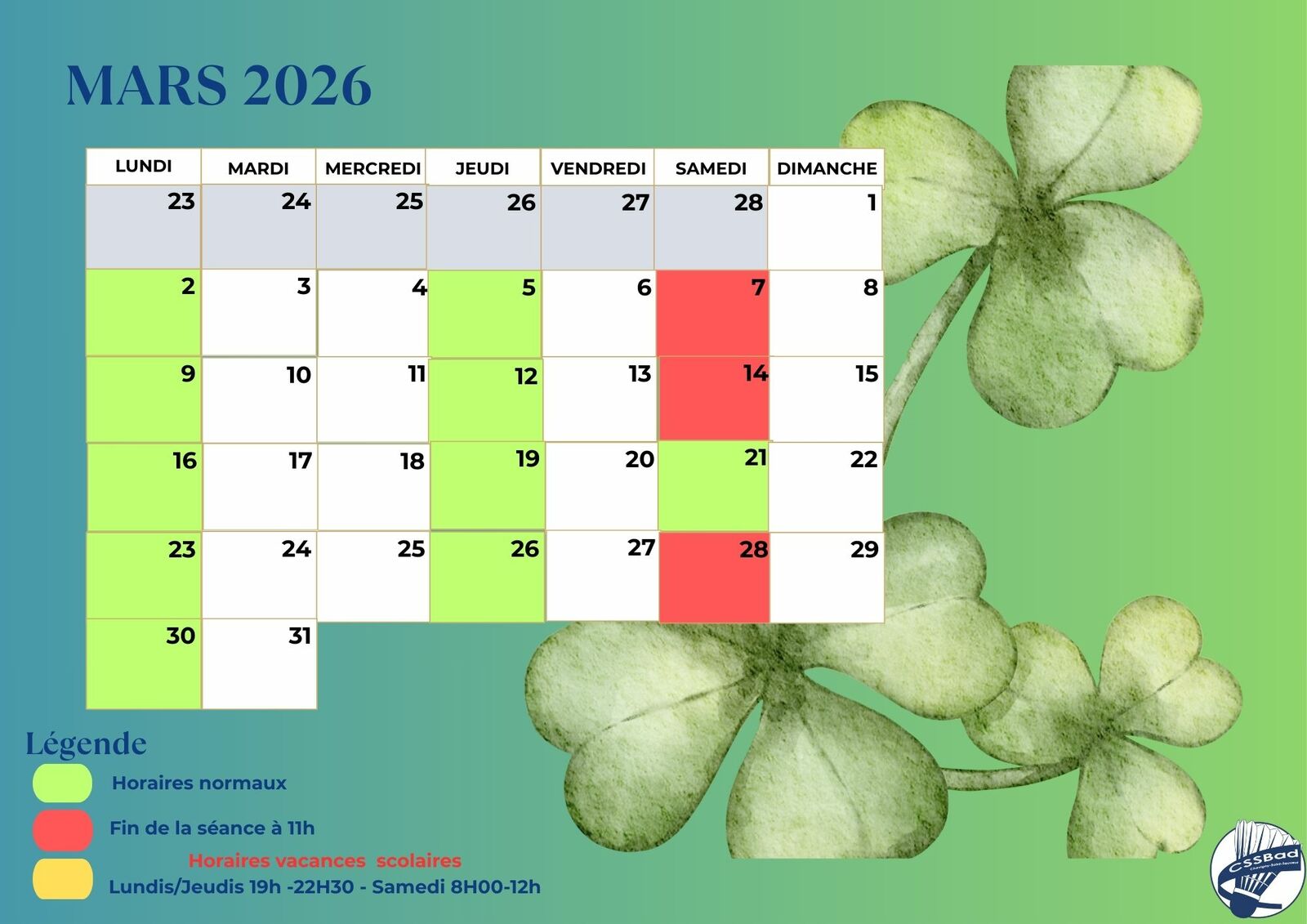 🕙 Informations – Horaires des sessions de Mars