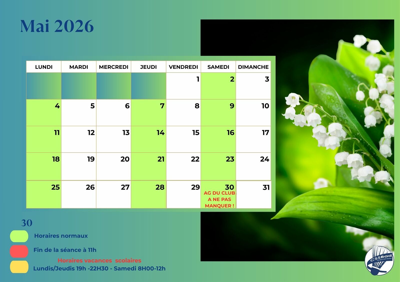 🕙 Informations – Horaires des sessions de Mai